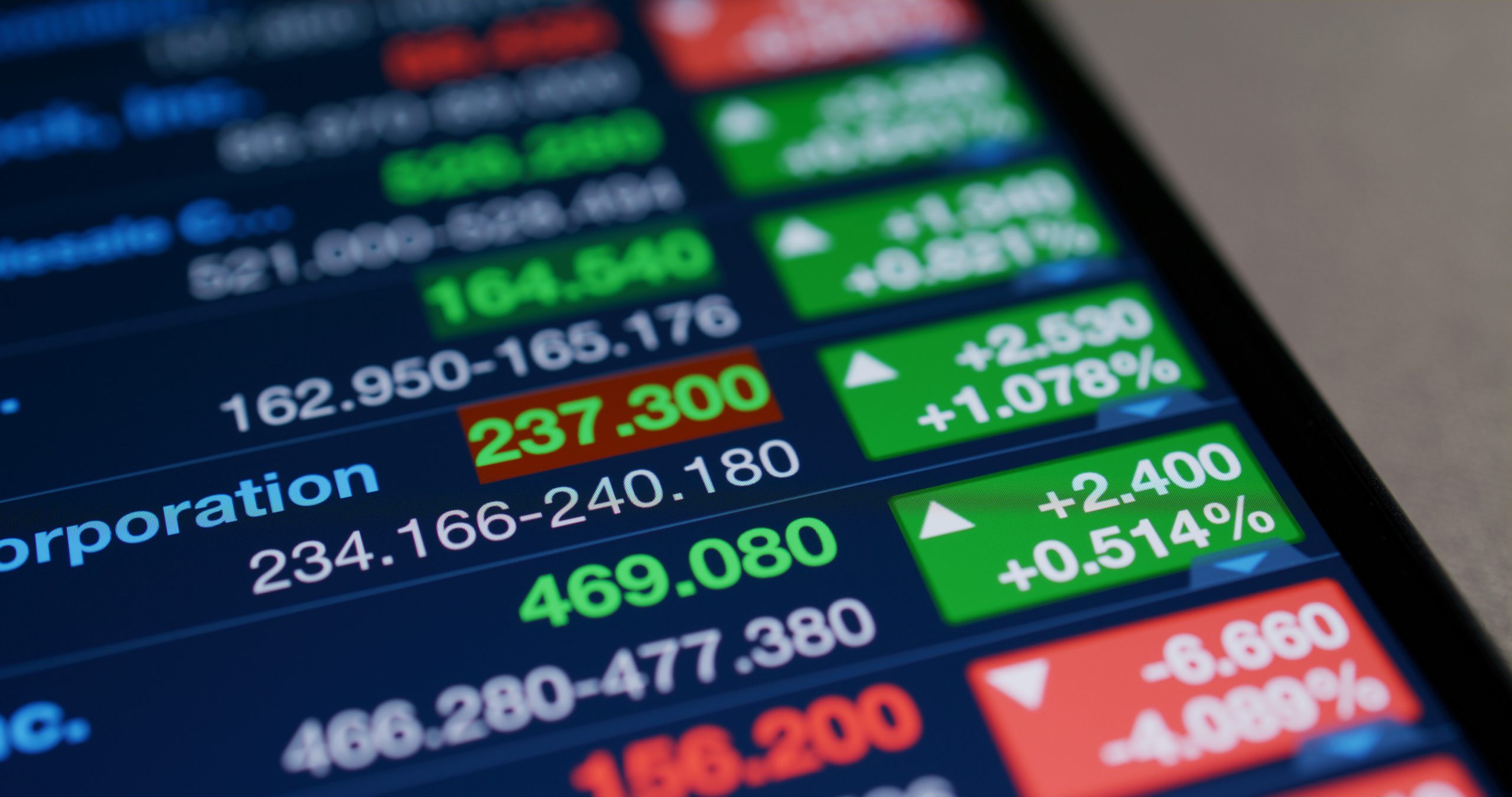 Stock market data shown on tablet computer screen